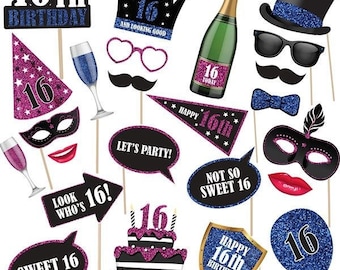 High Quality Card 16th Birthday High Photo Booth Props On Sticks. 16th Birthday Party Props