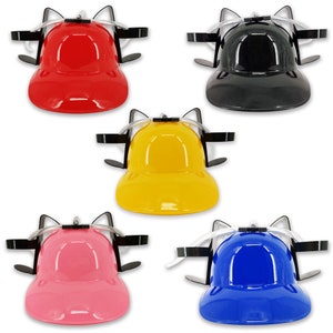 May include: Set of five colourful plastic hats with built-in straws and cup holders. The hats are red, black, yellow, pink, and blue.
