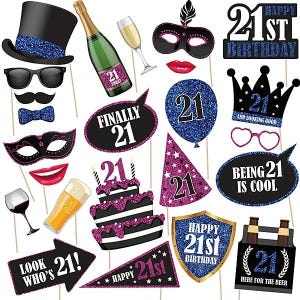 Carte de haute qualité, accessoires de haute qualité pour photomaton 21e anniversaire sur bâtons. Accessoires de fête pour 21e anniversaire