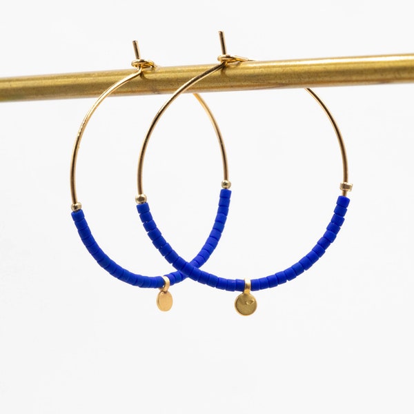 Cobalt blue hoop earrings, minimalist / 1 micron fine gold hoop earrings / Miyuki Japanese glass bead hoop earrings / designer jewelry