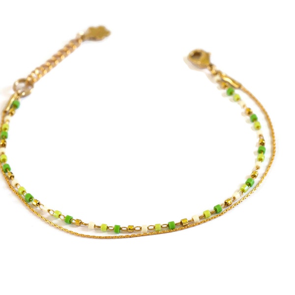 Bracelet ultra-fin double rangs, délicat et coloré / chaîne dorée à l'or fin 24 k perles de verre japonaises Miyuki / bijou de créateur