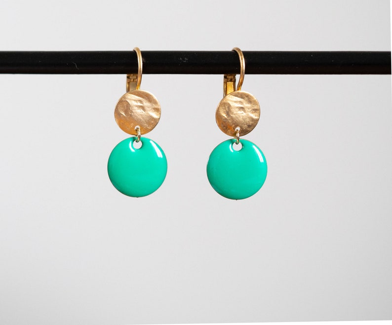 original creation Earrings in golden brass with fine gold and enamelled sequins Handmade
