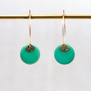 &quot;Turquoise blue&quot; hoop earrings gilded with fine gold / designer jewelry / enameled sequin / textured golden fans / French craftsmanship / gift idea
