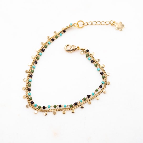 Bracelet double, fin, délicat, élégant / bijou de créateur / chaîne dorée à l'or fin  perles japonaises Miyuki / création artisanale