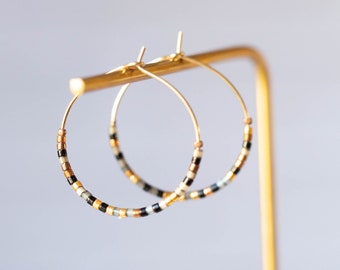 Minimalist hoop earrings, plated in fine gold / designer jewelry / Japanese Miyuki glass beads /