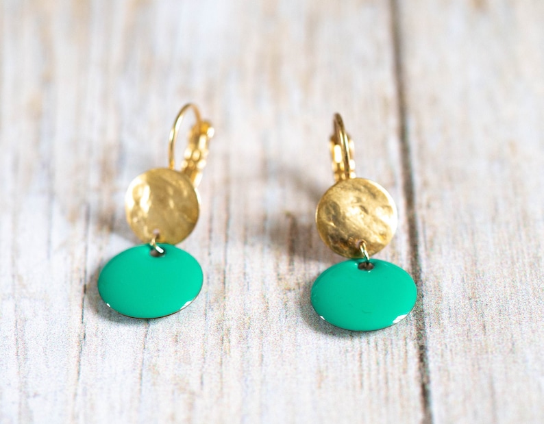 original creation Earrings in golden brass with fine gold and enamelled sequins Handmade