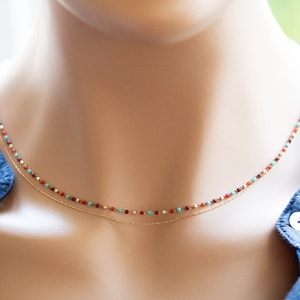 Minimalist choker necklace, ultra thin, very delicate, 2 rows, brass chain gilded with fine gold, 24 k, chain decorated with Japanese beads.