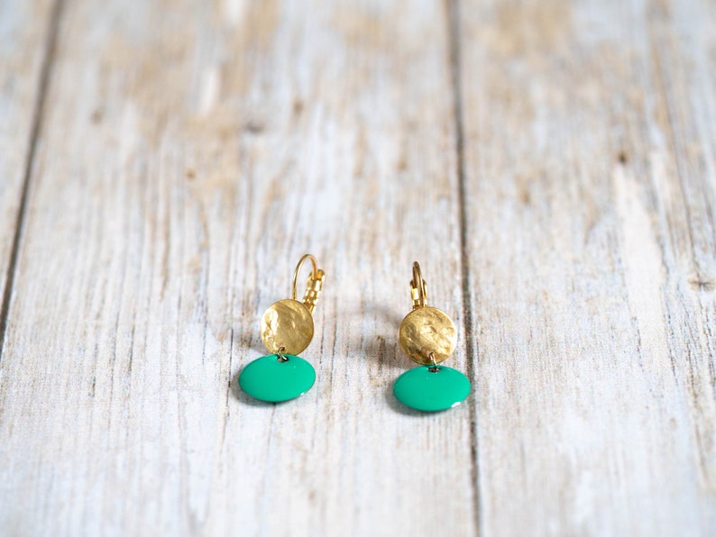 original creation Earrings in golden brass with fine gold and enamelled sequins Handmade