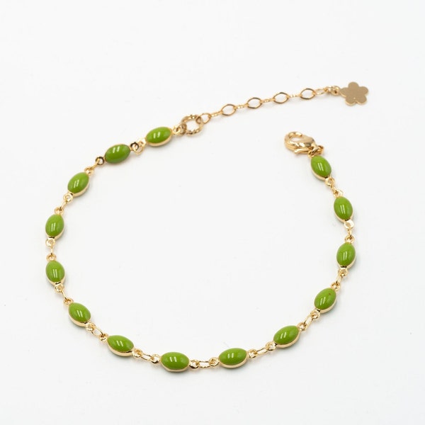 Bracelet élégant, fin, lumineux, or fin  / perles émaillées "grain de riz" / bracelet ajustable en longueur / création artisanale