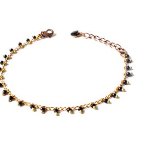 Beaded bracelet, fine, very delicate, rosary chain and glass beads, enameled sequin, handcrafted