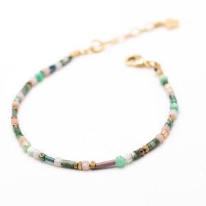 Green and pink bracelet / natural stones and glass beads / designer jewelry / minimalist bracelet / French artisanal manufacture
