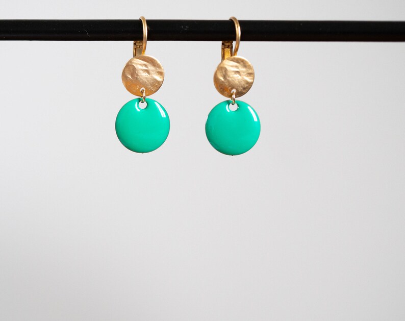 original creation Earrings in golden brass with fine gold and enamelled sequins Handmade