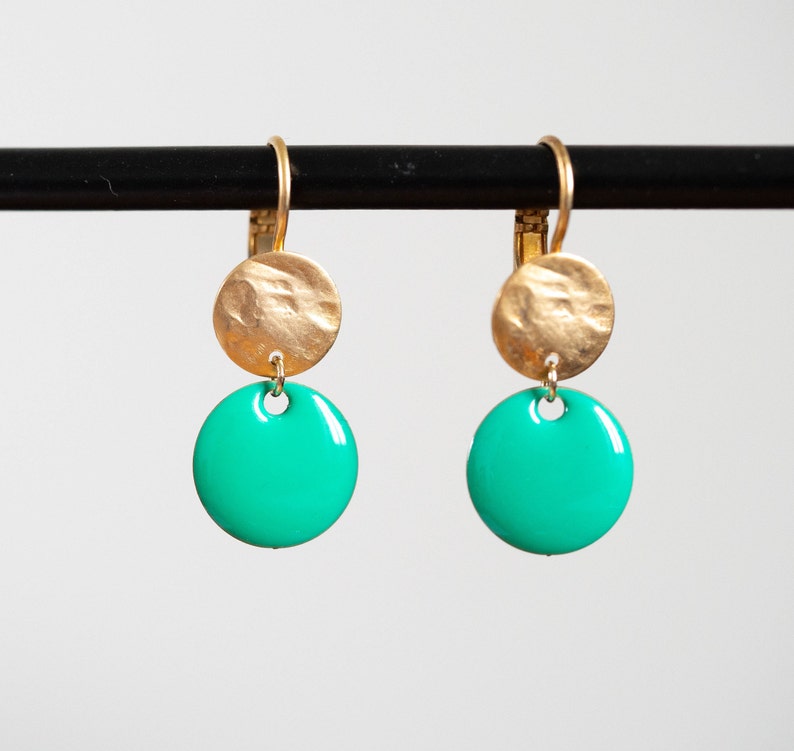 original creation Earrings in golden brass with fine gold and enamelled sequins Handmade