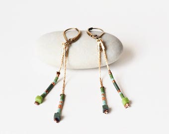 Earrings gilded with fine gold, minimalist, colorful, Japanese Miyuki glass beads mounted on chains gilded with fine gold
