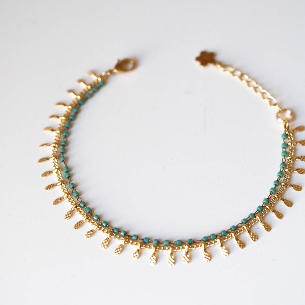 Bracelet double, fin, délicat, minimaliste / bijou de créateur /chaîne dorée à l'or fin 1 micron /  perles de verre japonaises Miyuki