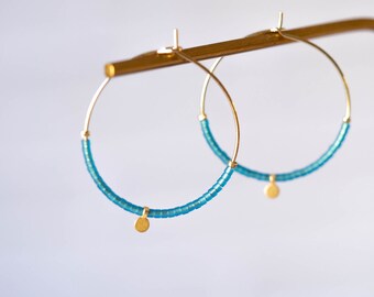 Brass hoop earrings gilded with fine gold / Delicate blue hoop earrings / tiny Miyuki glass beads / designer jewelry / French creation