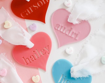 Personalized acrylic Valentines Heart Gift Tags, gift baskets, ornaments, decor, kids, love, Valentine’s Day, names,