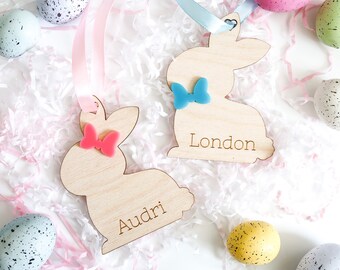 Personalized Easter Bunny Girl and Boy Basket tags, gift tags, bow tie, hair bow, pink, blue, bunny, stuffers, favors,