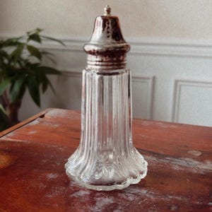 May include: A clear glass salt shaker with a silver-colored metal top. The glass body has vertical ribbed detailing and a flared base. The shaker sits on a wooden surface, with a plant visible in the background.
