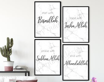 May include: Four black framed prints with white marble backgrounds and black text. The text reads "start with Bismillah", "hope with Insha Allah", "praise with Subhan Allah", and "end with Alhamdulillah".