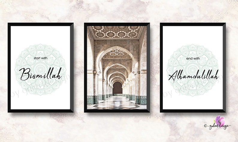 May include: Three framed prints with white backgrounds and black frames. The center print features a photograph of a long, arched hallway with white columns and a tiled floor. The left print features a green mandala with the text "start with Bismillah". The right print features a green mandala with the text "end with Alhamdulillah".