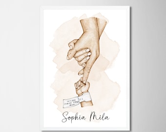 Family Poster, Personalized Poster Family Hands, At Birth, Name Poster, Children's Poster, Christmas Gift, New Born