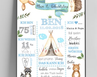 Personalized Milestone Birthday Board - Woodland Animals - Individual Birthday Board for Children | 1st Birthday Poster with Name & Dates