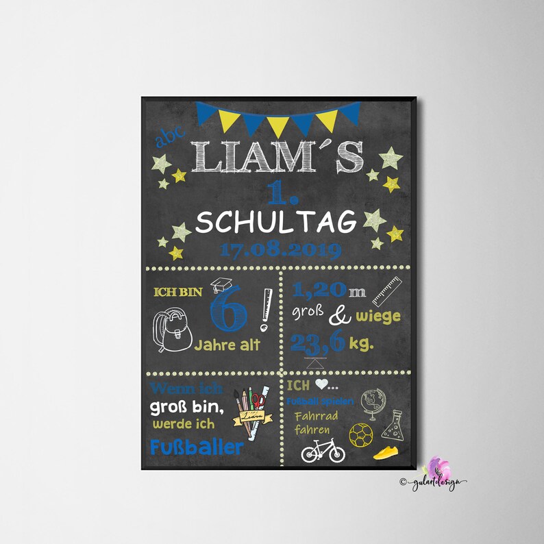 Puede incluir: Un cartel de pizarra con el texto "Liam's 1st School Day 17.08.2019". El cartel tambi&eacute;n incluye detalles sobre la edad, la altura y el peso de Liam. El cartel est&aacute; decorado con estrellas, banderas y una mochila.