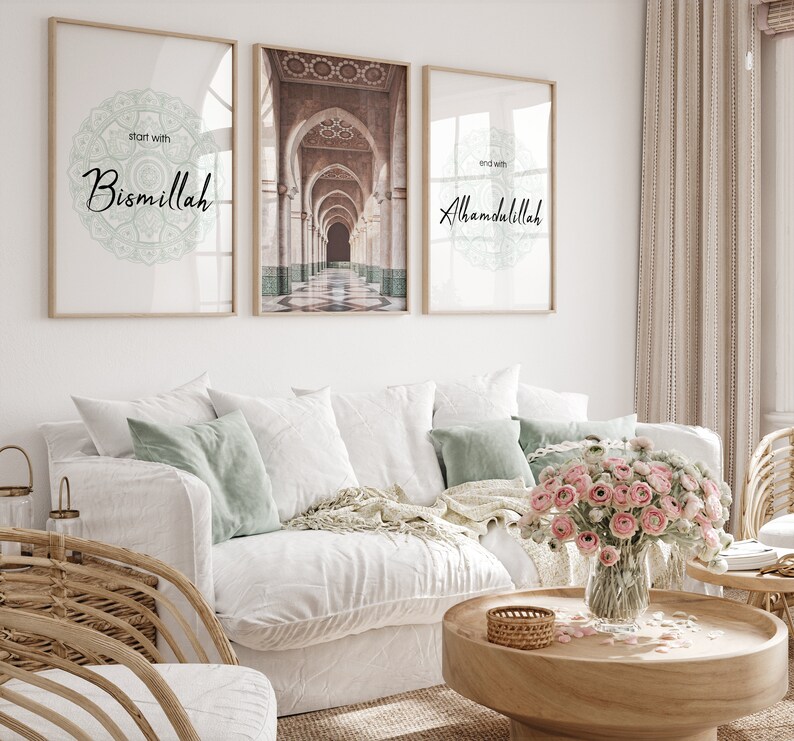 May include: Three framed prints with white backgrounds and black text. The center print features a photograph of an ornate archway in a building. The left print says "start with Bismillah" and the right print says "end with Alhamdulillah".