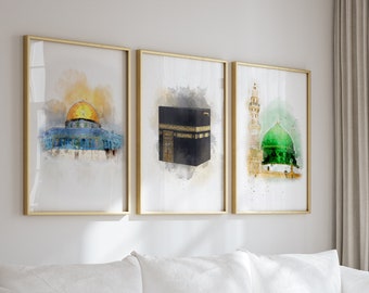 Zestaw plakatów islamskich (3 elementy) | Sztuka ścienna islamska | Plakaty z architekturą islamską | Dekoracje islamskie