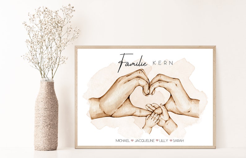 May include: A watercolor print with two hands forming a heart shape around two smaller hands. The print has the text "Familie KERN" at the top and "MICHAEL &hearts; JACQUELINE &hearts; LILLY &hearts; SARAH" at the bottom.