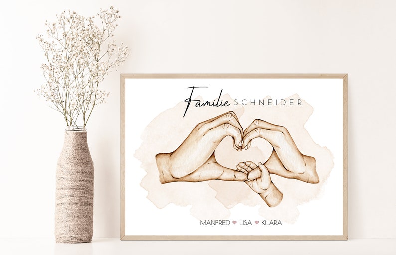 May include: A watercolor print with a light brown background featuring two hands forming a heart shape with a smaller hand inside. The text "Familie SCHNEIDER" is at the top of the print and the names "MANFRED &hearts; LISA &hearts; KLARA" are at the bottom.