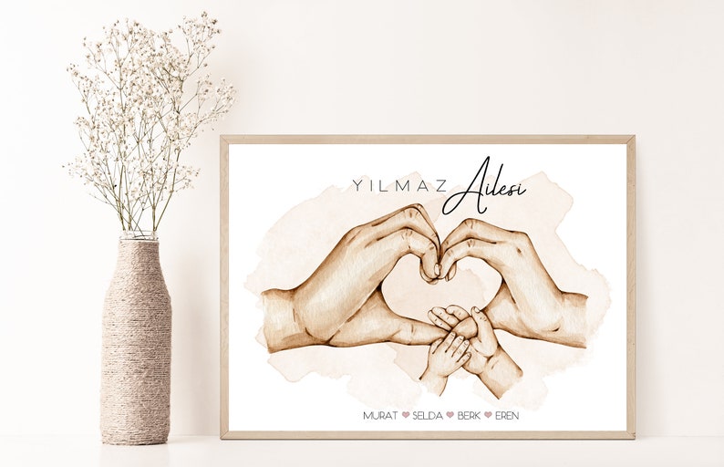 May include: A watercolor illustration of two hands forming a heart shape with two smaller hands inside. The text "YILMAZ Ailesi" is at the top of the image, and the names "MURAT", "SELDA", "BERK", and "EREN" are at the bottom.