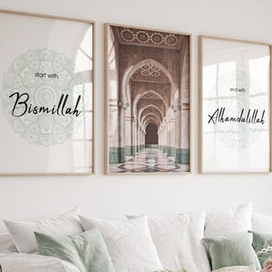 May include: Three framed prints with a white background and a green mandala design. The left print says "start with Bismillah". The right print says "end with Alhamdulillah". The middle print is a photograph of a hallway with arches and tiled floors.