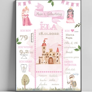 Milestone board princess, castle, knight's castle, 1st birthday, birthday board, birthday poster personalized