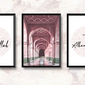 May include: Three framed prints with a pink and white mandala design and the text "start with Bismillah" and "end with Alhamdulillah". The middle print features a photograph of a pink and white arched hallway.