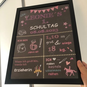 Puede incluir: Un letrero de pizarra con decoraciones rosas y blancas que anuncia el primer d&iacute;a de escuela de Leonie el 8 de agosto de 2023. El letrero tambi&eacute;n incluye detalles sobre la edad, la altura y el peso de Leonie. Enumera sus aficiones como pintar, hacer manualidades, nadar y montar a caballo.