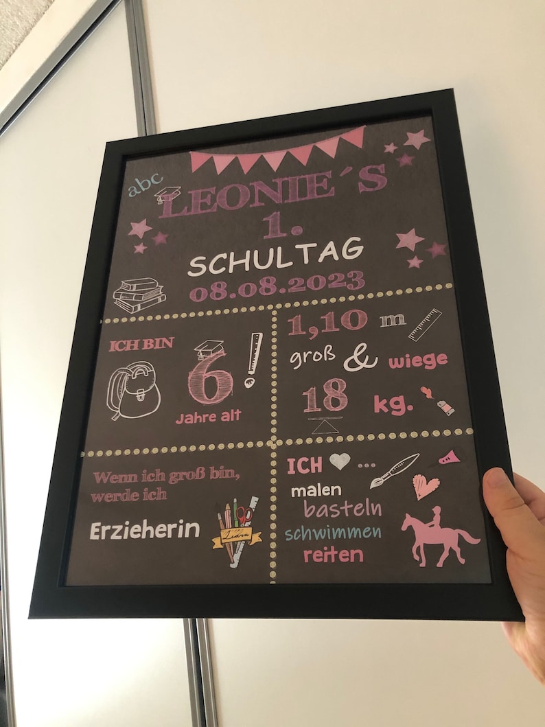 Puede incluir: Un letrero de pizarra con decoraciones rosas y blancas que anuncia el primer d&iacute;a de escuela de Leonie el 8 de agosto de 2023. El letrero tambi&eacute;n incluye detalles sobre la edad, la altura y el peso de Leonie. Enumera sus aficiones como pintar, hacer manualidades, nadar y montar a caballo.