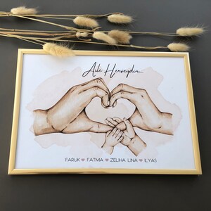 May include: A framed print with a watercolor background featuring two hands forming a heart shape with a smaller hand inside. The text "Aile Herseydi..." is at the top of the print. The names "FARUK, FATMA, ZELHA, LINA, LYAS" are listed below the hands with a heart symbol between each name.