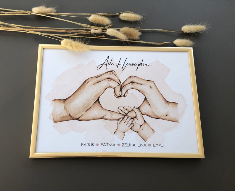 May include: A framed print with a watercolor background featuring two hands forming a heart shape with a smaller hand inside. The text "Aile Herseydi..." is at the top of the print. The names "FARUK, FATMA, ZELHA, LINA, LYAS" are listed below the hands with a heart symbol between each name.