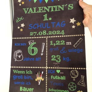 Puede incluir: Un cartel de pizarra con el texto "Valentin's 1. Schultag 27.08.2024" en letras azules y verdes. El cartel tambi&eacute;n incluye informaci&oacute;n sobre la edad, la altura y el peso de Valentin, as&iacute; como sus intereses, que incluyen f&uacute;tbol, tenis y nataci&oacute;n.