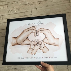 May include: A framed print with a watercolor illustration of two hands forming a heart shape around three smaller hands. The print has the text "UZUN Ailesi" at the top and the names "NERIMAN, MAHMUT, LHAMI, HAMI, SELAMI" at the bottom.