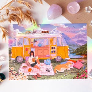Carte postale A6 de fille en camping-car