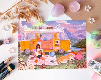 Carte postale A6 de fille en camping-car
