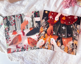 Winter Birds Postcard Art Print Set