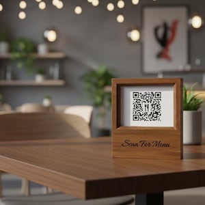 May include: A wooden table tent with a QR code and the text "Scan For Menu". The QR code is black and white, and the frame is a warm brown. The table is also brown, and the background is blurred.