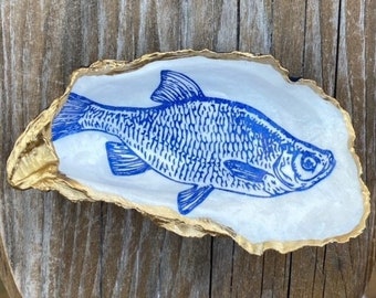 oyster trinket dish, decoupage oyster, oyster decor, beach decor, coastal decor, ring dish, fish decor