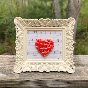 Heart Art: Handmade Polymer Clay Heart, Vintage Sheet Music Frame