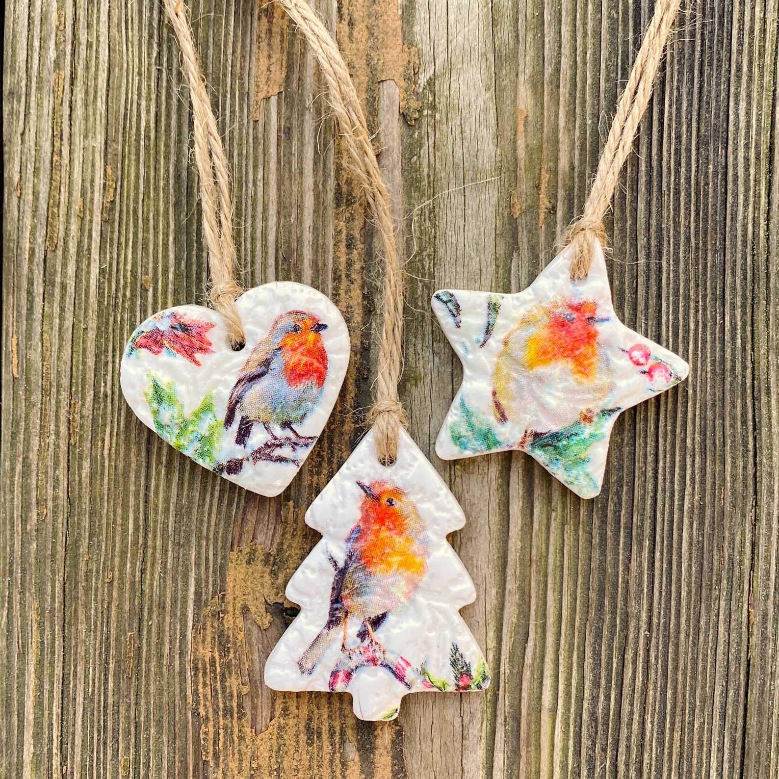 Robin Decoupaged Robin Decoupage Clay Ornaments - Set of 3 Christmas Tags - Etsy