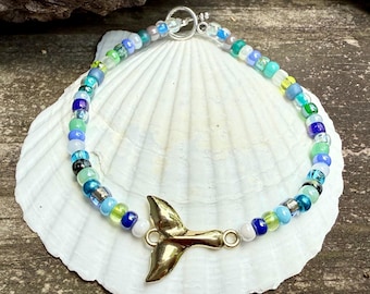 Whale Tail Beach Bracelet: Gold Fluke Charm, Colorful Glass Beads